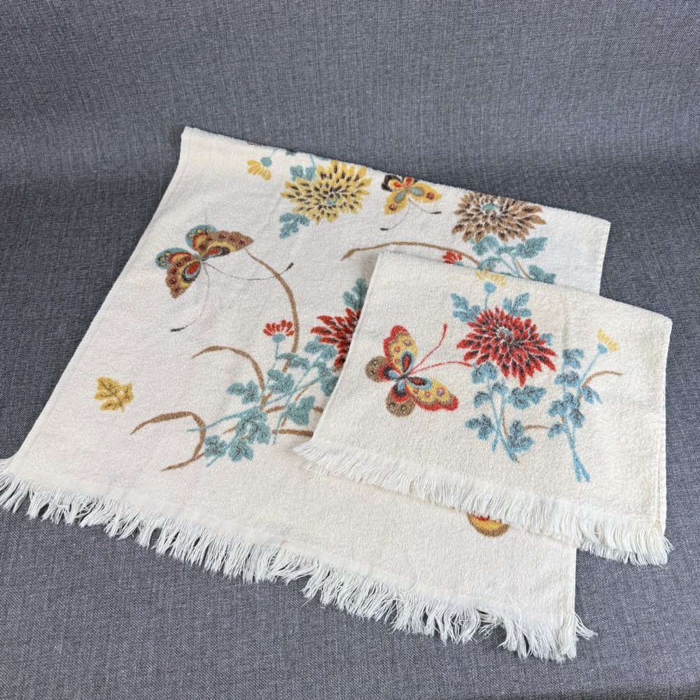 Vintage Cannon Gold Label Towel Set Butterfly Floral Fringe Lot of